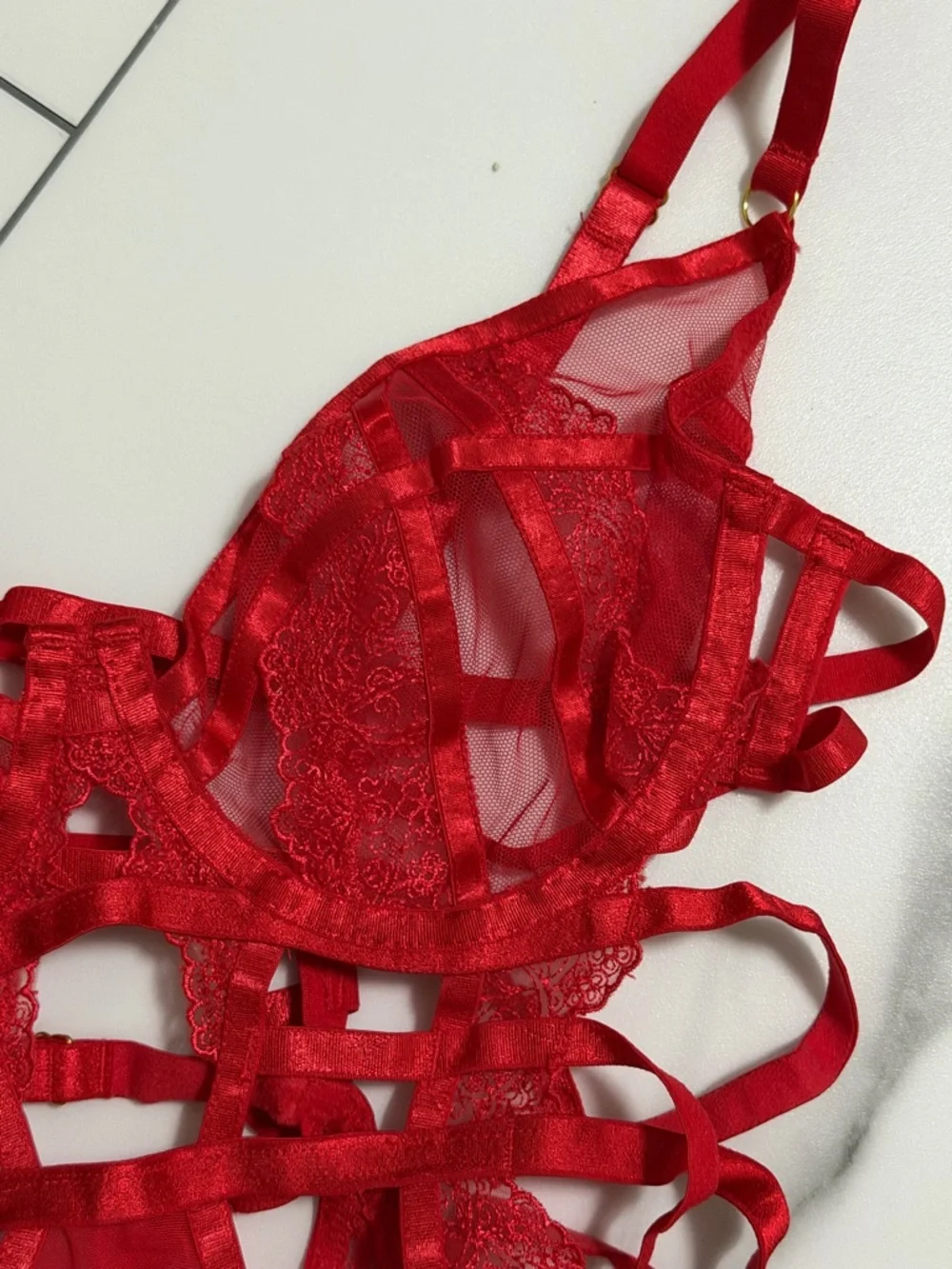 Red Strappy Lace Teddy Bodysuit - Picture 2 of 4